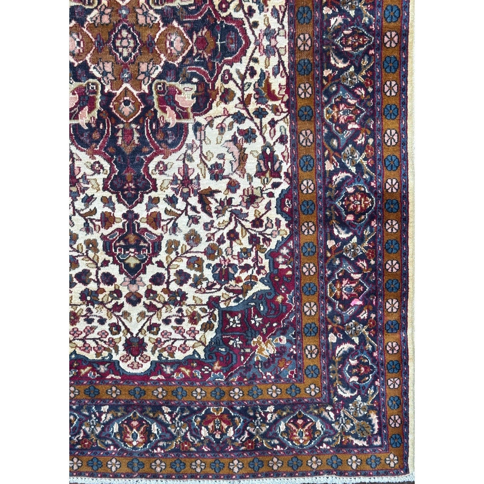 Vintage Turkish Wool Rug 3’2″ x 5′, Hand-Knotted Floral Medallion Carpet, Ivory Navy Burgundy