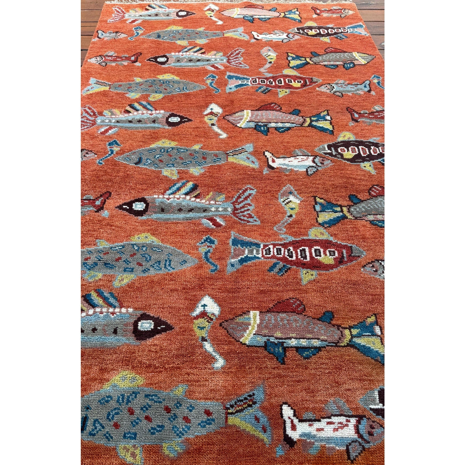 Turkish Oushak Rug 5×8, Hand-Knotted 100% Wool Fish Rug, Tree of Life Bohemian Area Rug, Terracotta Nursery Decor