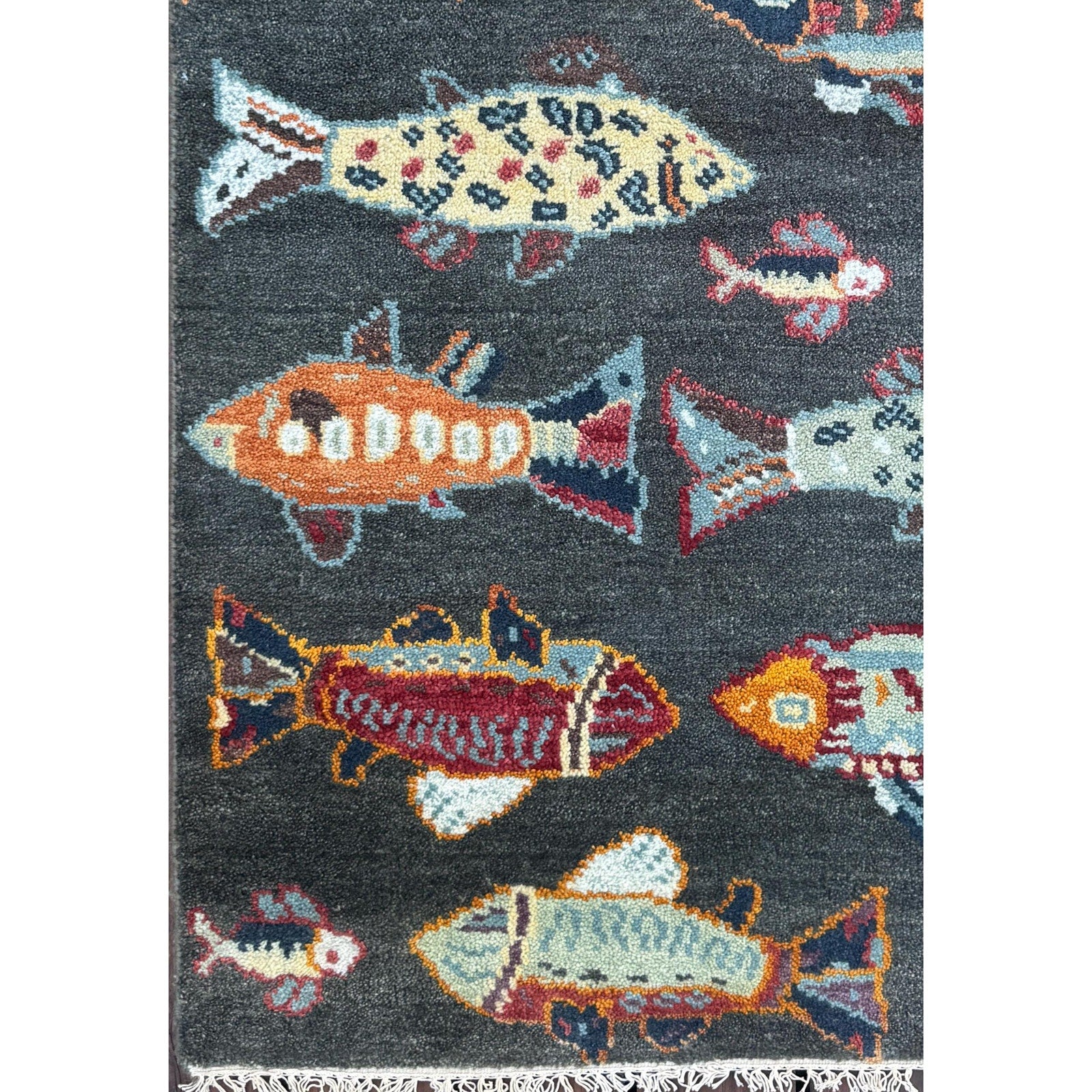 Modern Turkish Fish Design Rug 3×5.1, Hand Knotted Wool Sea Animal Pattern, Bohemian Accent