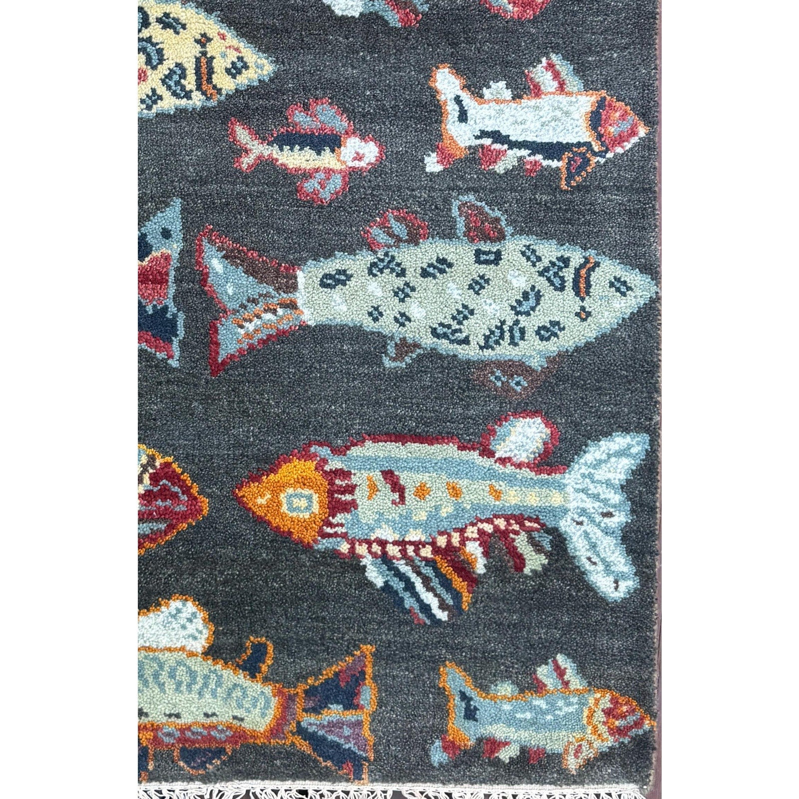 Modern Turkish Fish Design Rug 3×5.1, Hand Knotted Wool Sea Animal Pattern, Bohemian Accent