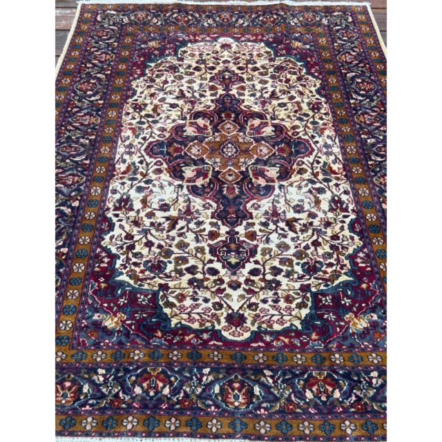 Vintage Turkish Wool Rug 3’2″ x 5′, Hand-Knotted Floral Medallion Carpet, Ivory Navy Burgundy