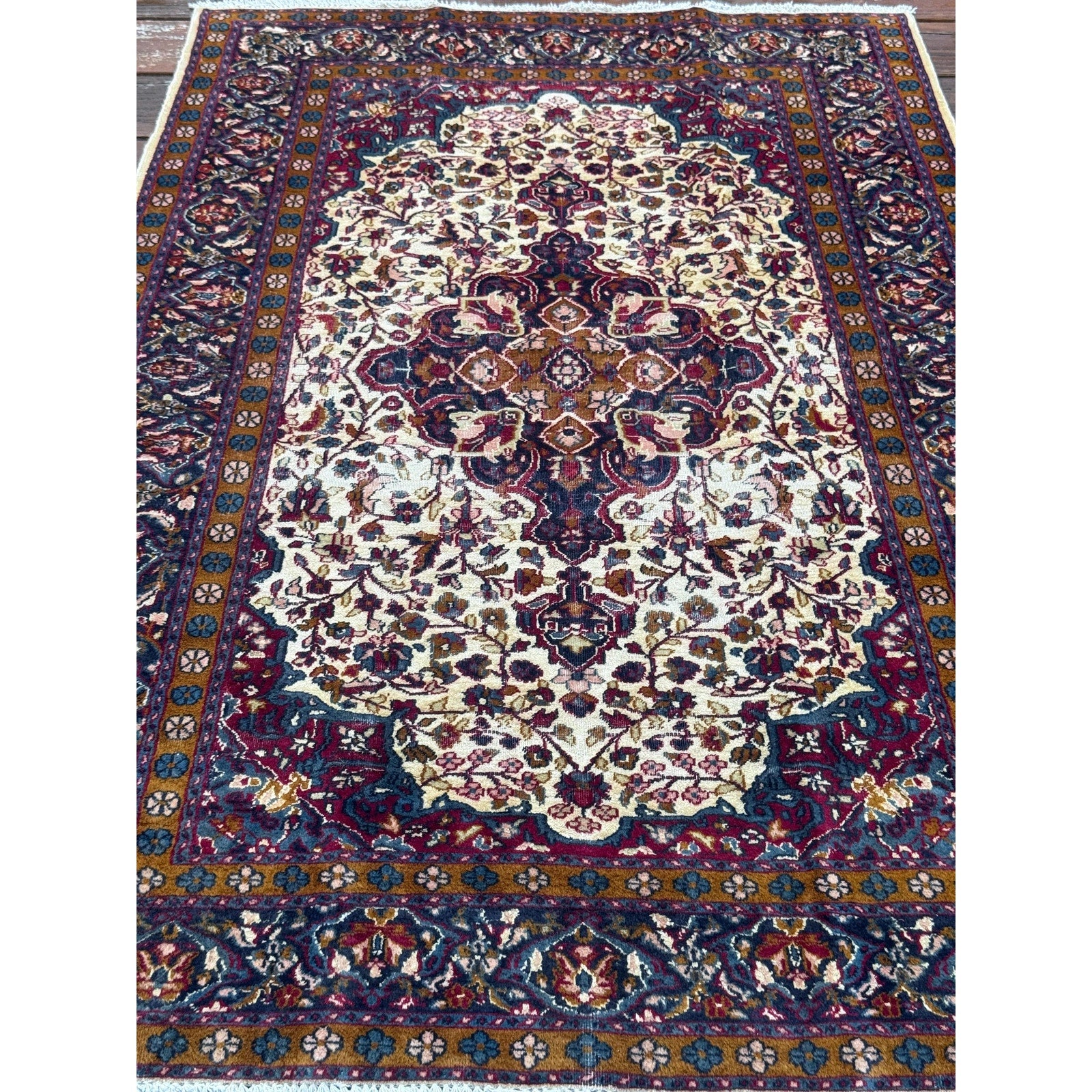 Vintage Turkish Wool Rug 3’2″ x 5′, Hand-Knotted Floral Medallion Carpet, Ivory Navy Burgundy