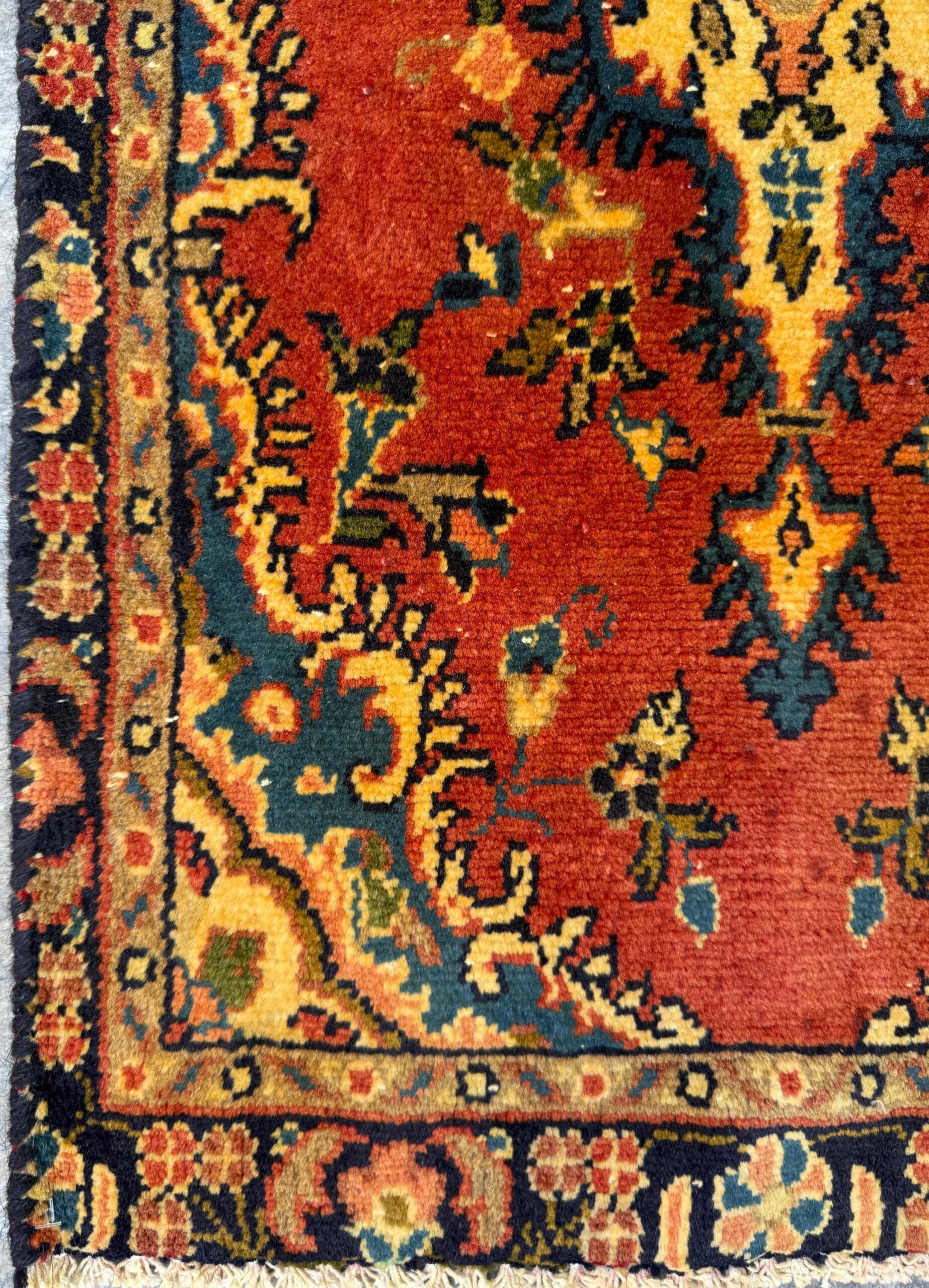 1.7×3 ft Vintage Entryway Rug: 1930s Hand-Knotted Wool, Geometric Accent