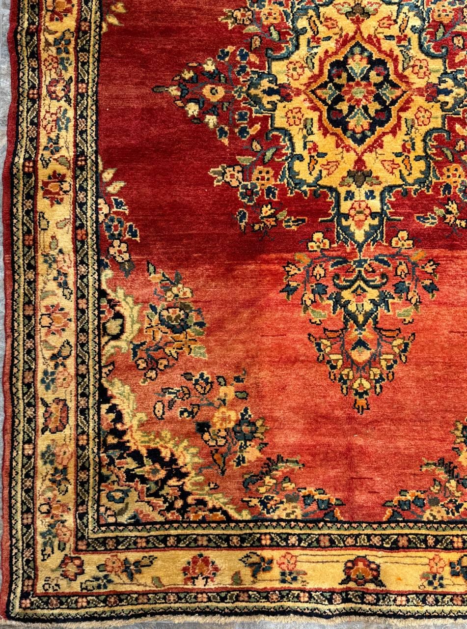 4.5×7 ft Vintage 1950s Kashan Floral Rug: Hand-Knotted Wool Carpet, Red & Gold Medallion Floral Design, Oriental Accent