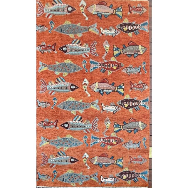 Turkish Oushak Rug 5×8, Hand-Knotted 100% Wool Fish Rug, Tree of Life Bohemian Area Rug, Terracotta Nursery Decor