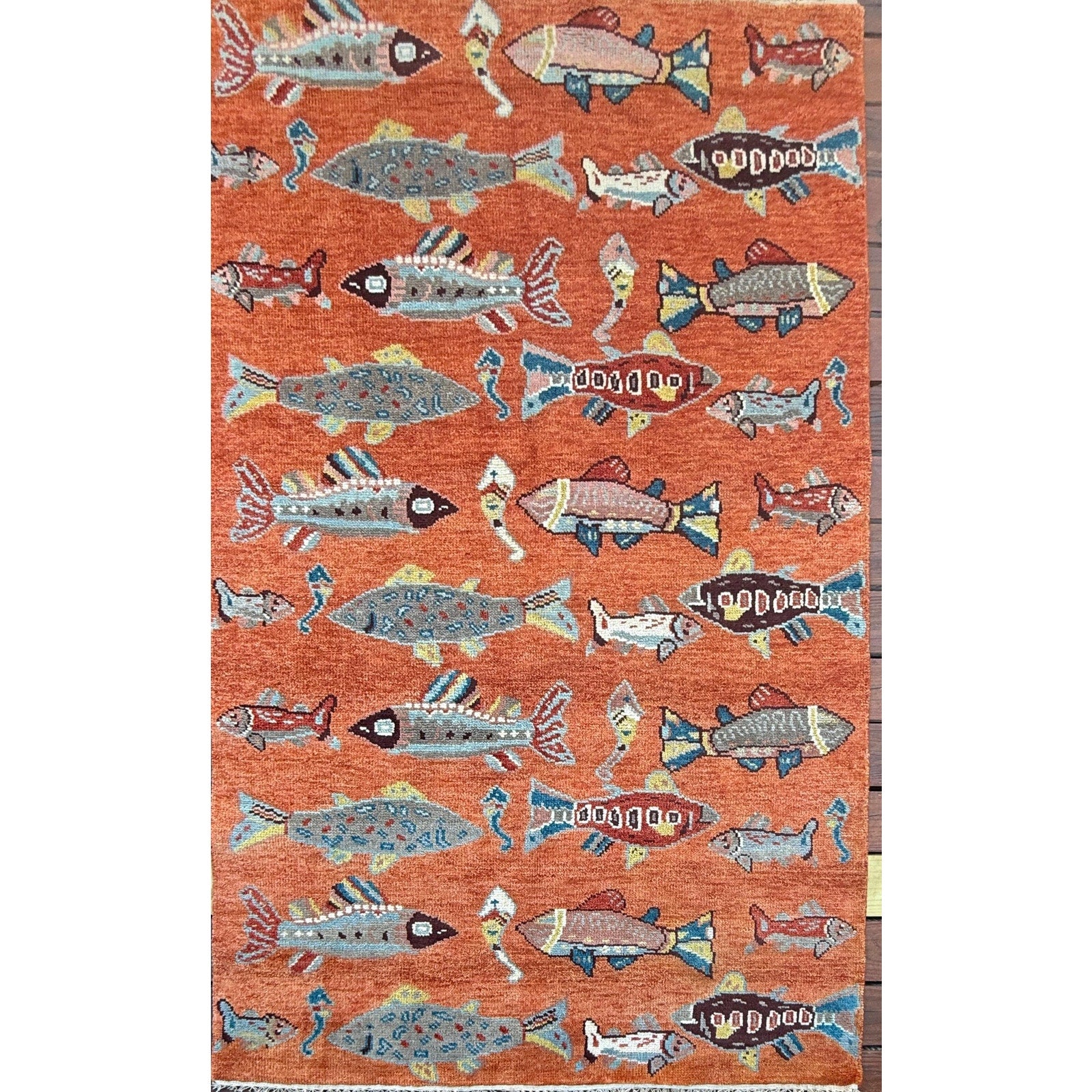 Turkish Oushak Rug 5×8, Hand-Knotted 100% Wool Fish Rug, Tree of Life Bohemian Area Rug, Terracotta Nursery Decor
