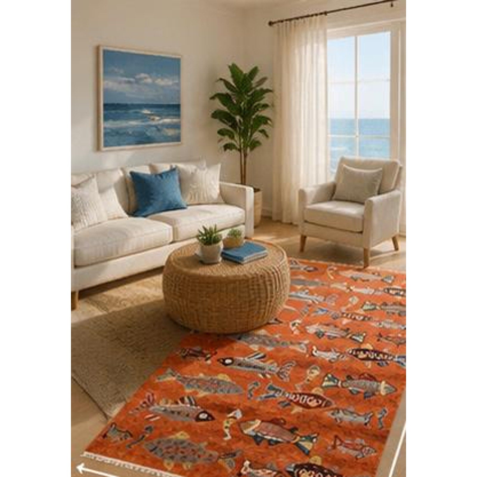 Turkish Oushak Rug 5×8, Hand-Knotted 100% Wool Fish Rug, Tree of Life Bohemian Area Rug, Terracotta Nursery Decor