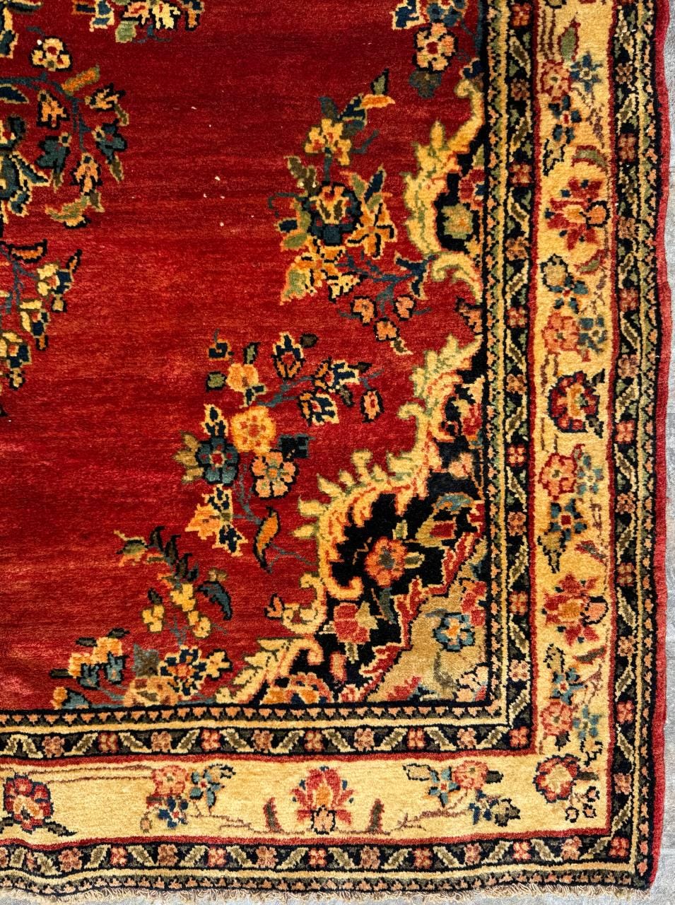 4.5×7 ft Vintage 1950s Kashan Floral Rug: Hand-Knotted Wool Carpet, Red & Gold Medallion Floral Design, Oriental Accent
