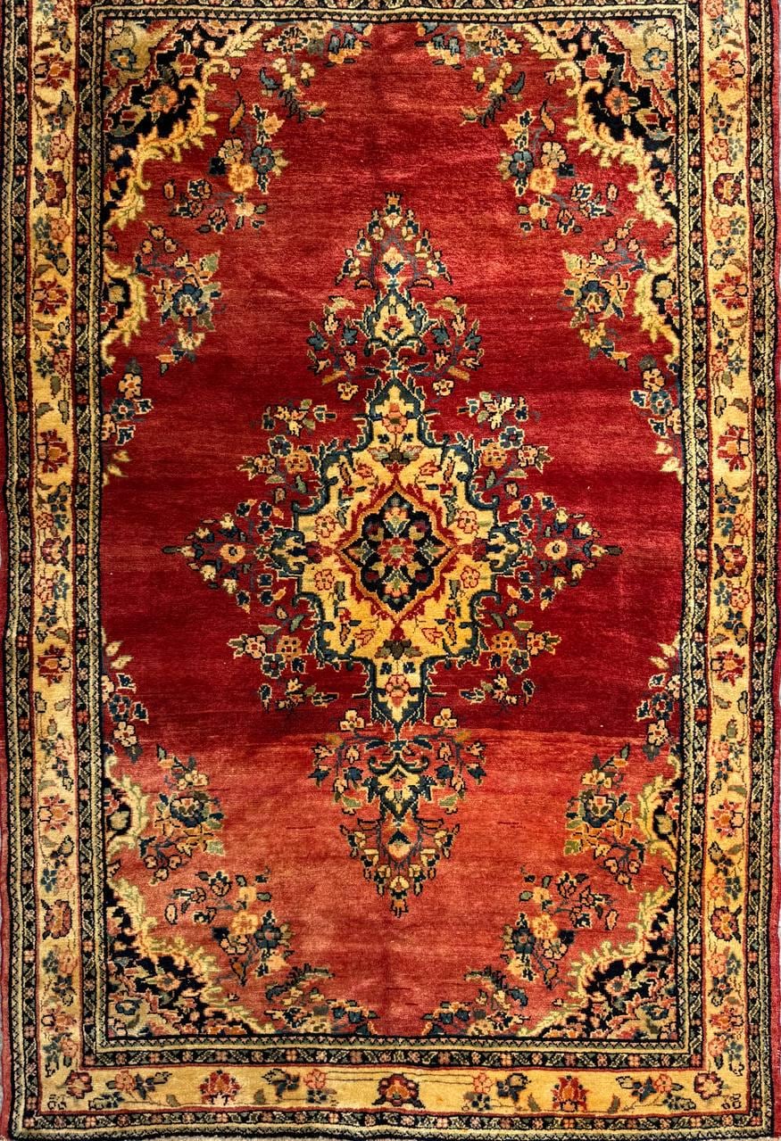 4.5×7 ft Vintage 1950s Kashan Floral Rug: Hand-Knotted Wool Carpet, Red & Gold Medallion Floral Design, Oriental Accent