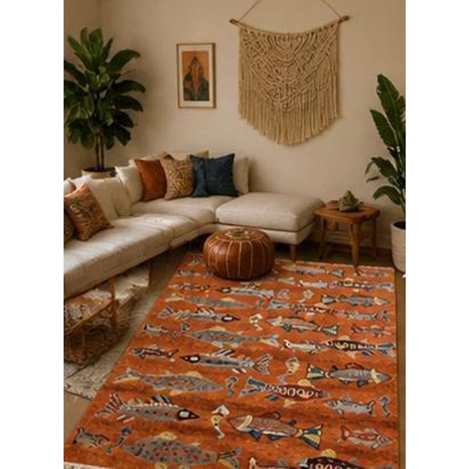 Turkish Oushak Rug 5×8, Hand-Knotted 100% Wool Fish Rug, Tree of Life Bohemian Area Rug, Terracotta Nursery Decor