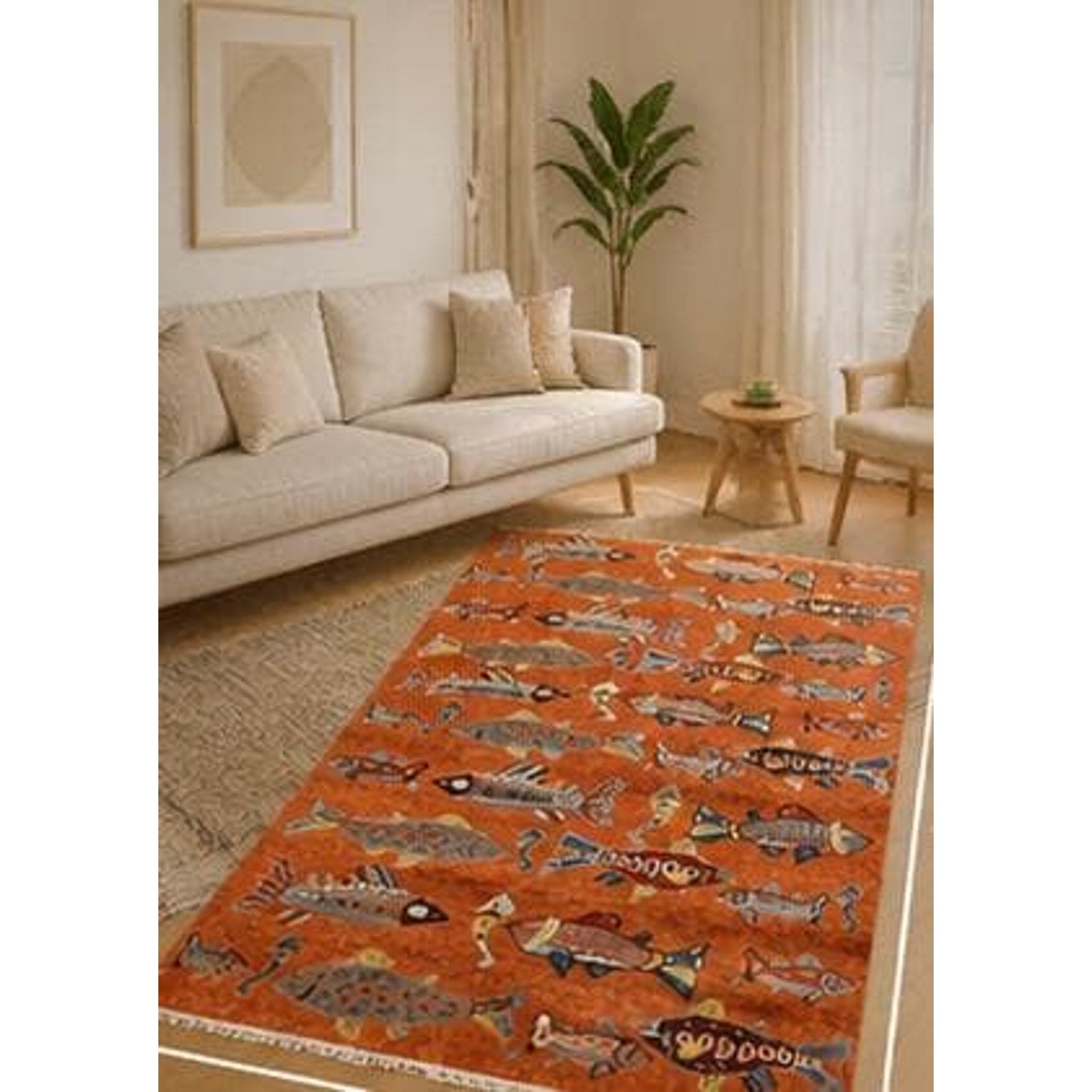 Turkish Oushak Rug 5×8, Hand-Knotted 100% Wool Fish Rug, Tree of Life Bohemian Area Rug, Terracotta Nursery Decor