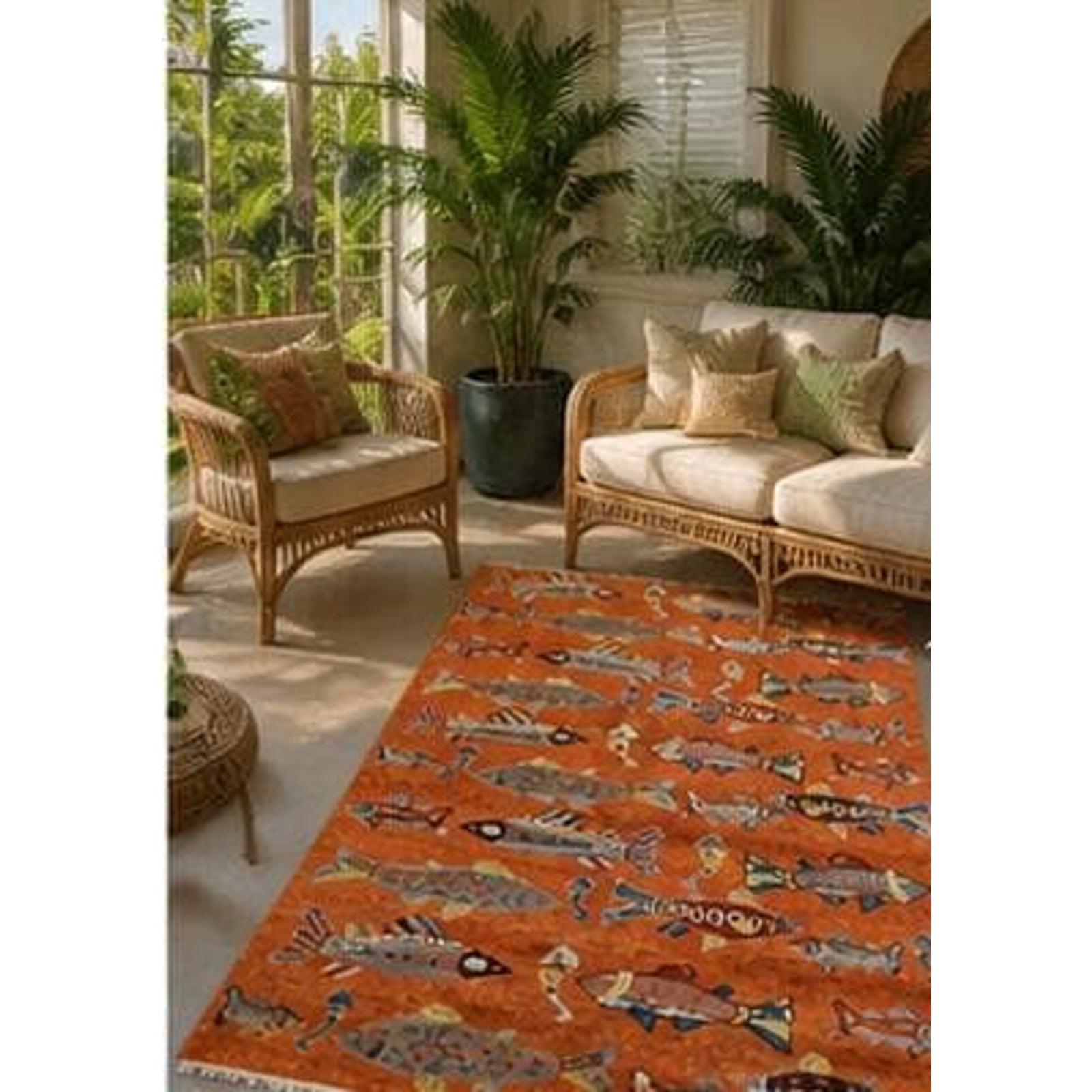 Turkish Oushak Rug 5×8, Hand-Knotted 100% Wool Fish Rug, Tree of Life Bohemian Area Rug, Terracotta Nursery Decor