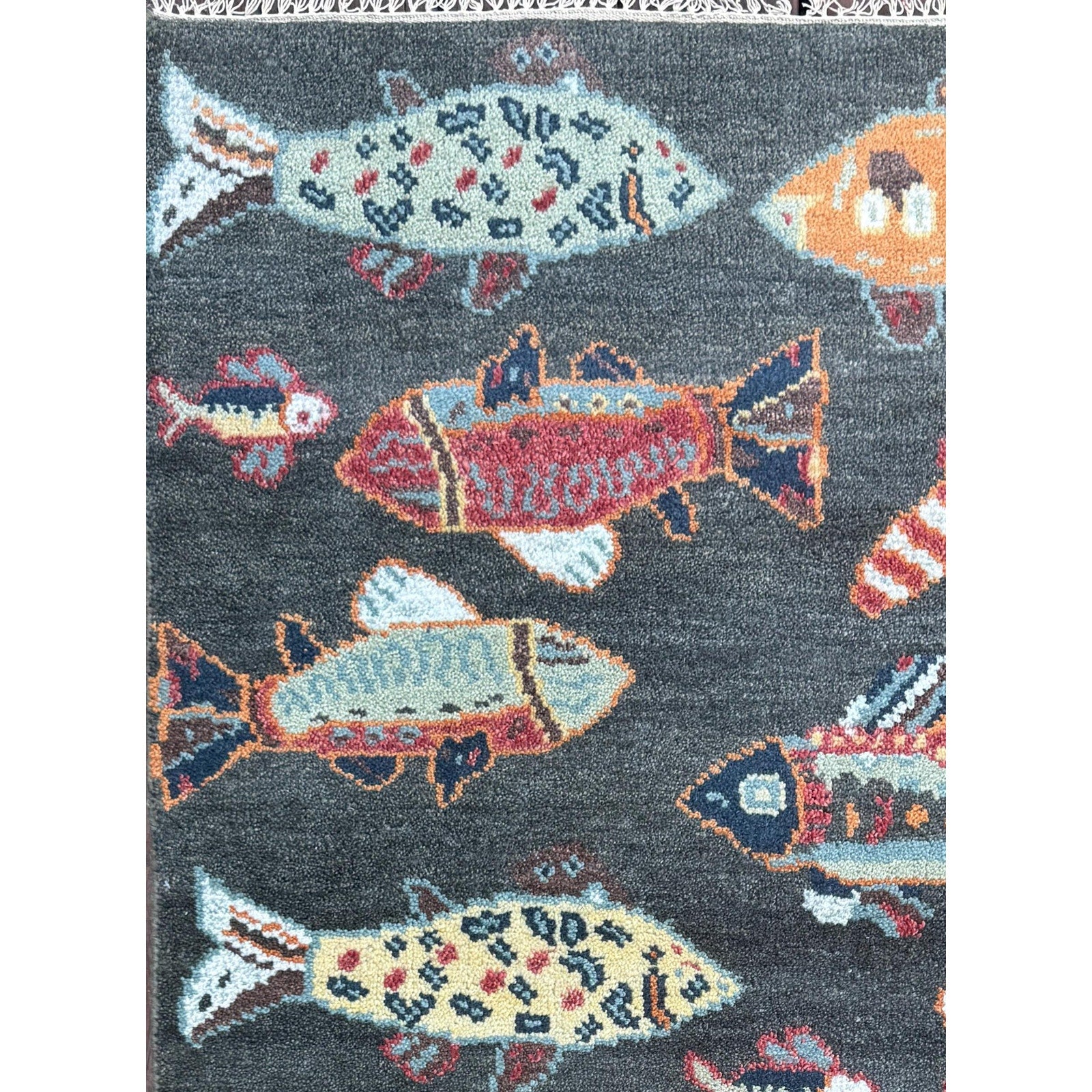 Modern Turkish Fish Design Rug 3×5.1, Hand Knotted Wool Sea Animal Pattern, Bohemian Accent