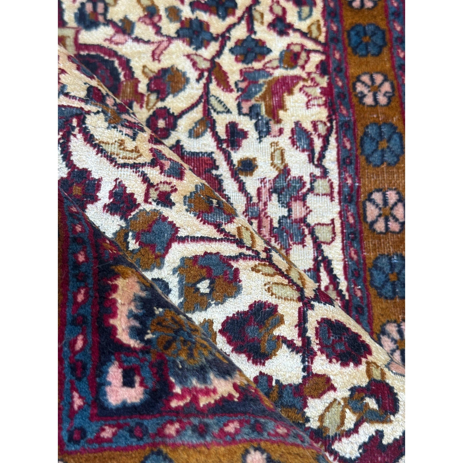 Vintage Turkish Wool Rug 3’2″ x 5′, Hand-Knotted Floral Medallion Carpet, Ivory Navy Burgundy