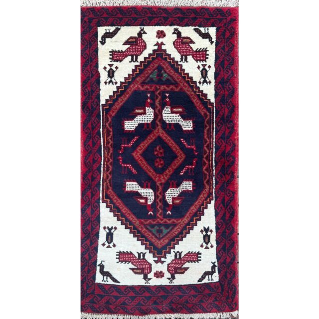 Turkish Handmade Wool Rug, Red Navy Bird Motif Medallion (2’9″ x 5’3″)