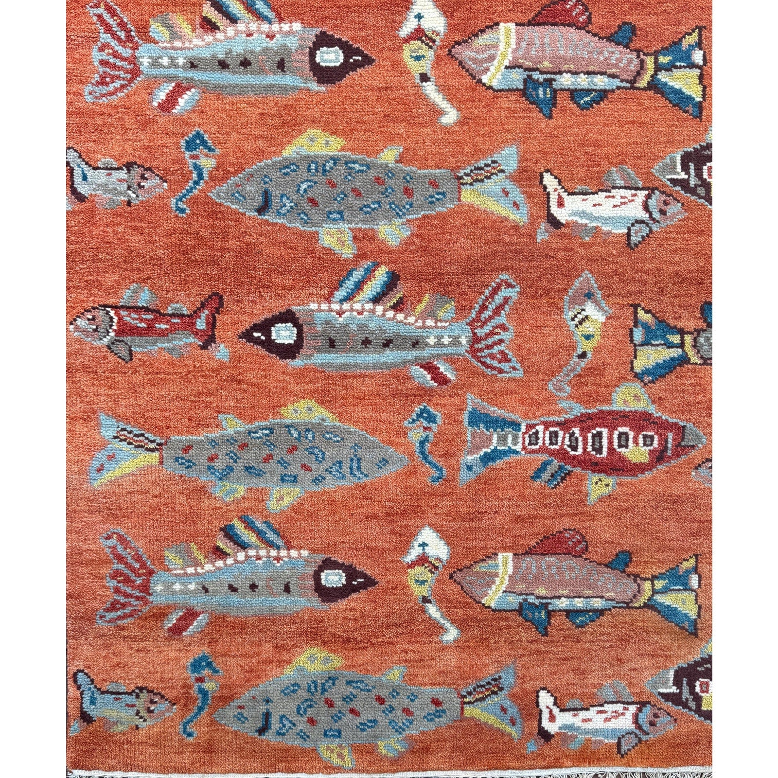 Turkish Oushak Rug 5×8, Hand-Knotted 100% Wool Fish Rug, Tree of Life Bohemian Area Rug, Terracotta Nursery Decor