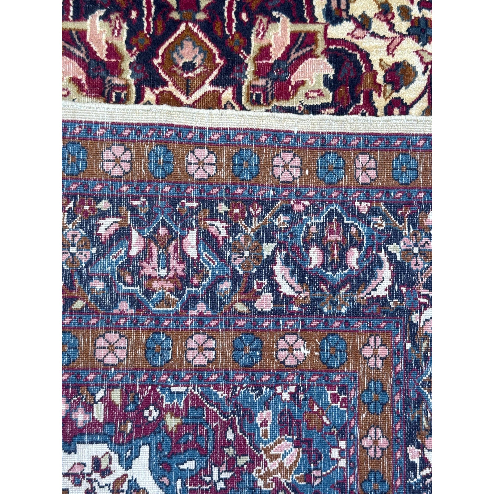 Vintage Turkish Wool Rug 3’2″ x 5′, Hand-Knotted Floral Medallion Carpet, Ivory Navy Burgundy