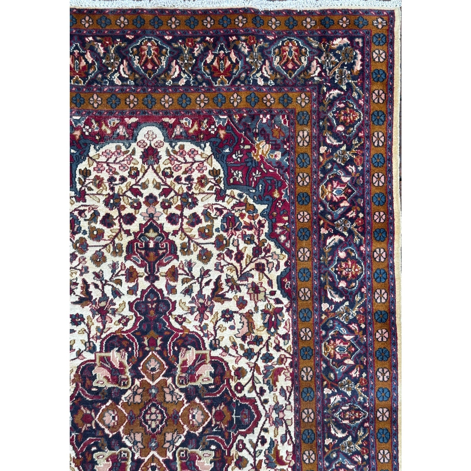 Vintage Turkish Wool Rug 3’2″ x 5′, Hand-Knotted Floral Medallion Carpet, Ivory Navy Burgundy
