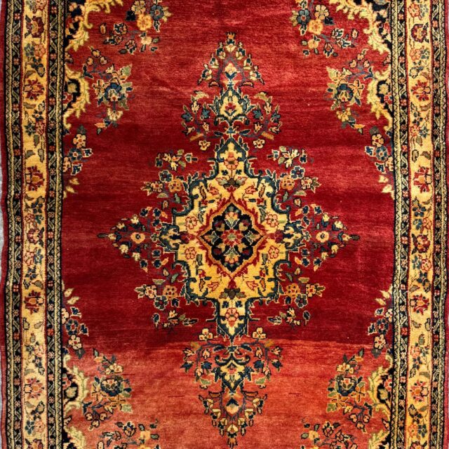 4.5×7 ft Vintage 1950s Kashan Floral Rug: Hand-Knotted Wool Carpet, Red & Gold Medallion Floral Design, Oriental Accent
