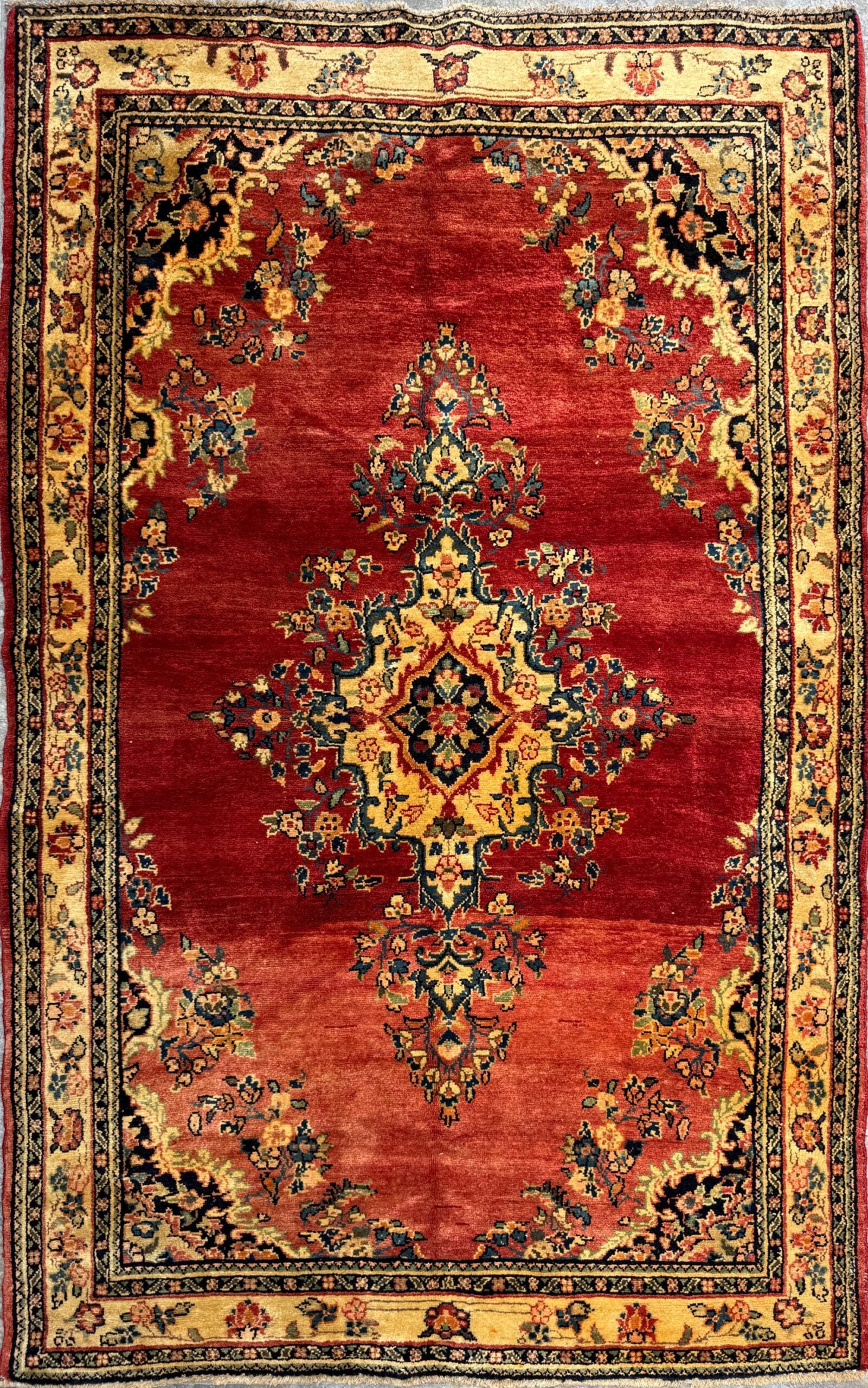 4.5×7 ft Vintage 1950s Kashan Floral Rug: Hand-Knotted Wool Carpet, Red & Gold Medallion Floral Design, Oriental Accent