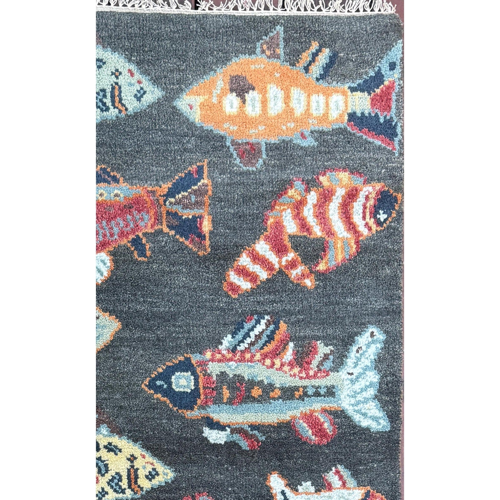 Modern Turkish Fish Design Rug 3×5.1, Hand Knotted Wool Sea Animal Pattern, Bohemian Accent