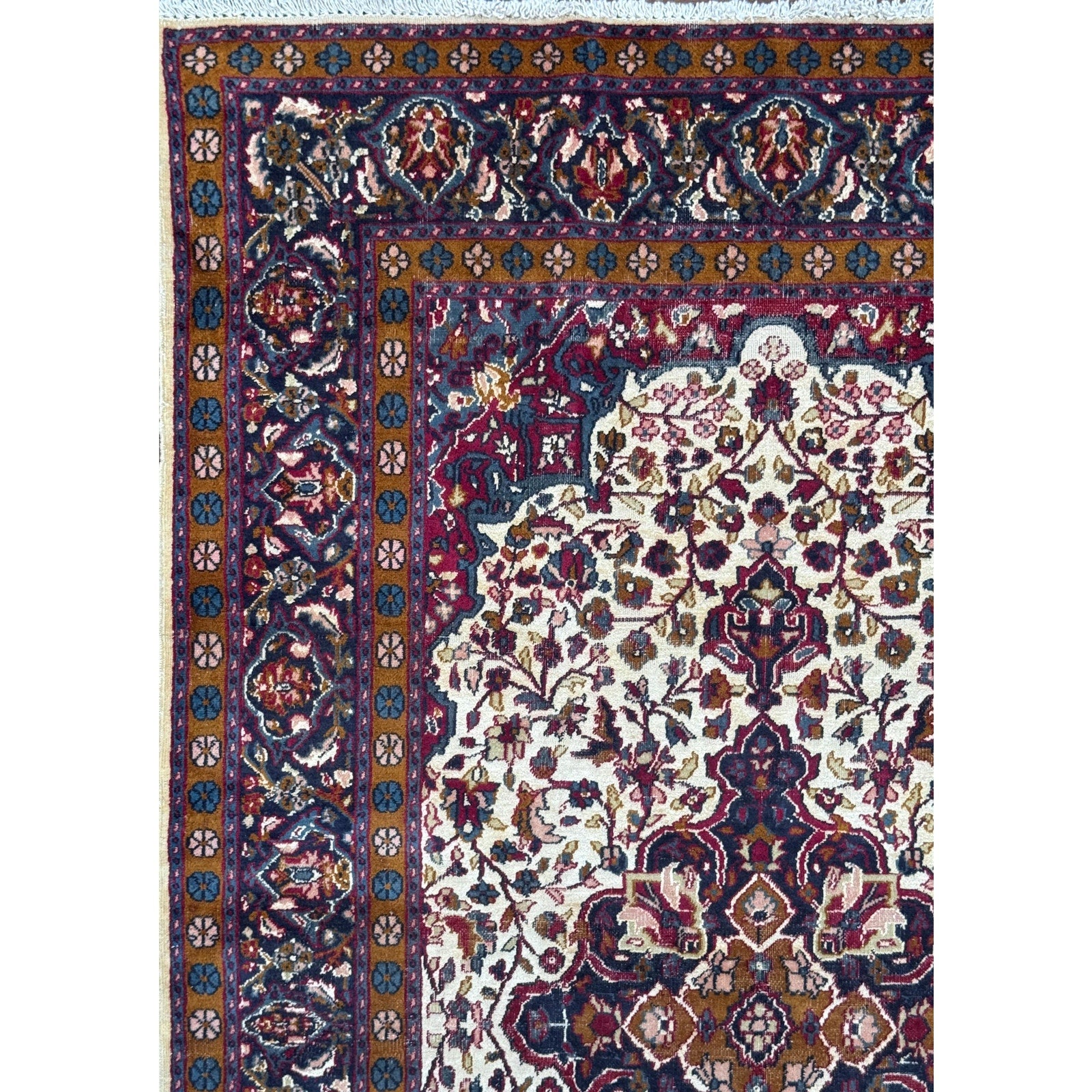 Vintage Turkish Wool Rug 3’2″ x 5′, Hand-Knotted Floral Medallion Carpet, Ivory Navy Burgundy