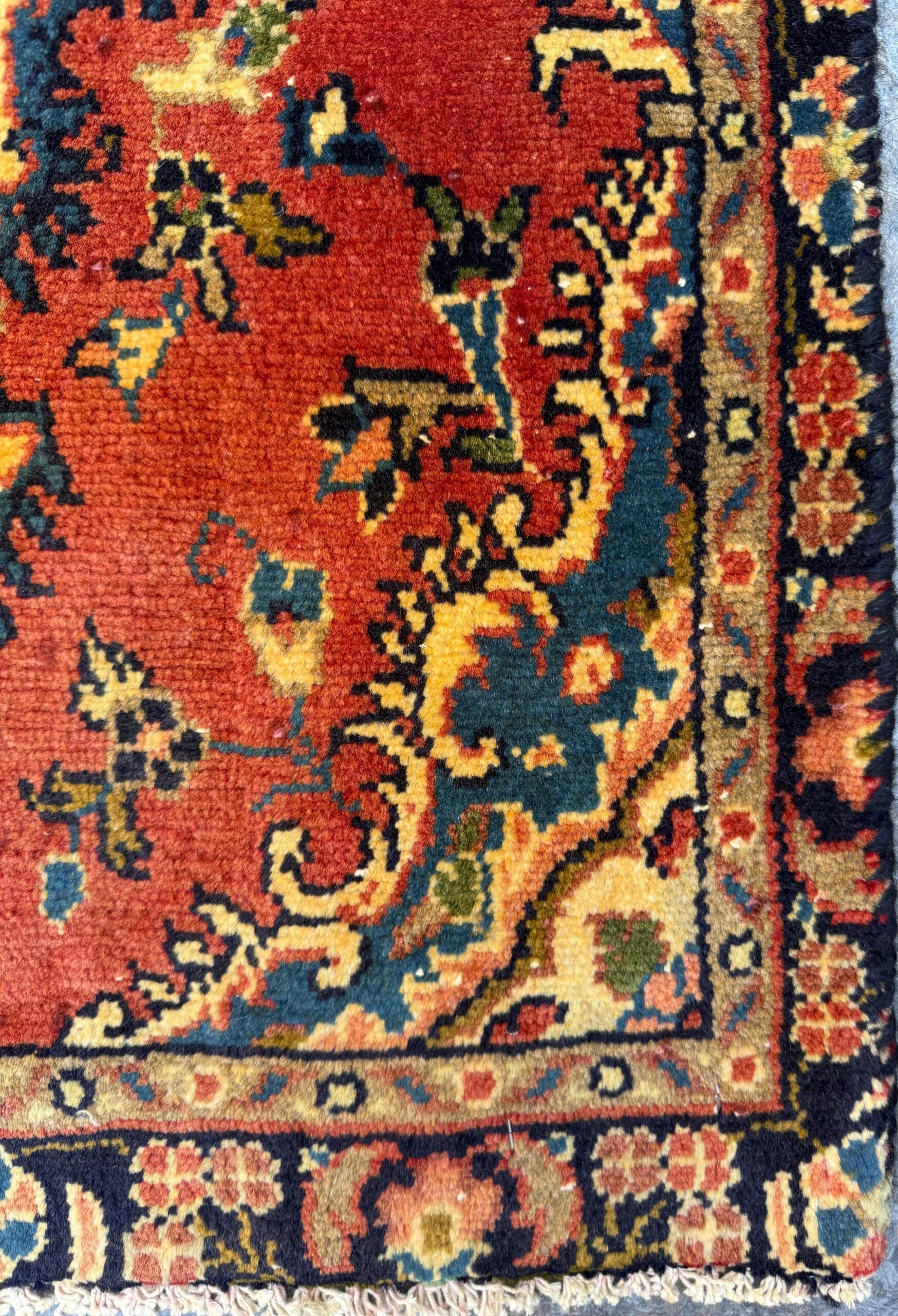 1.7×3 ft Vintage Entryway Rug: 1930s Hand-Knotted Wool, Geometric Accent