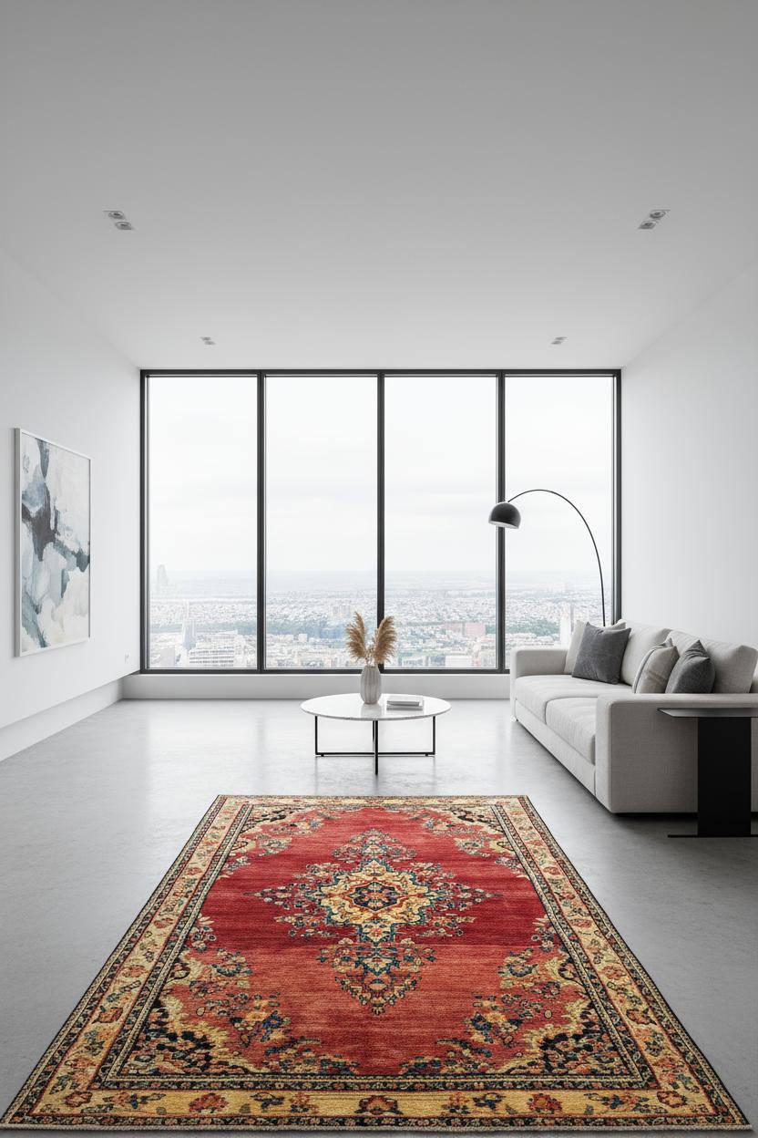 4.5×7 ft Vintage 1950s Kashan Floral Rug: Hand-Knotted Wool Carpet, Red & Gold Medallion Floral Design, Oriental Accent