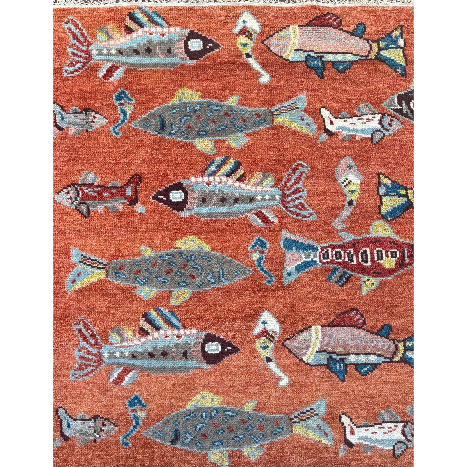 Turkish Oushak Rug 5×8, Hand-Knotted 100% Wool Fish Rug, Tree of Life Bohemian Area Rug, Terracotta Nursery Decor