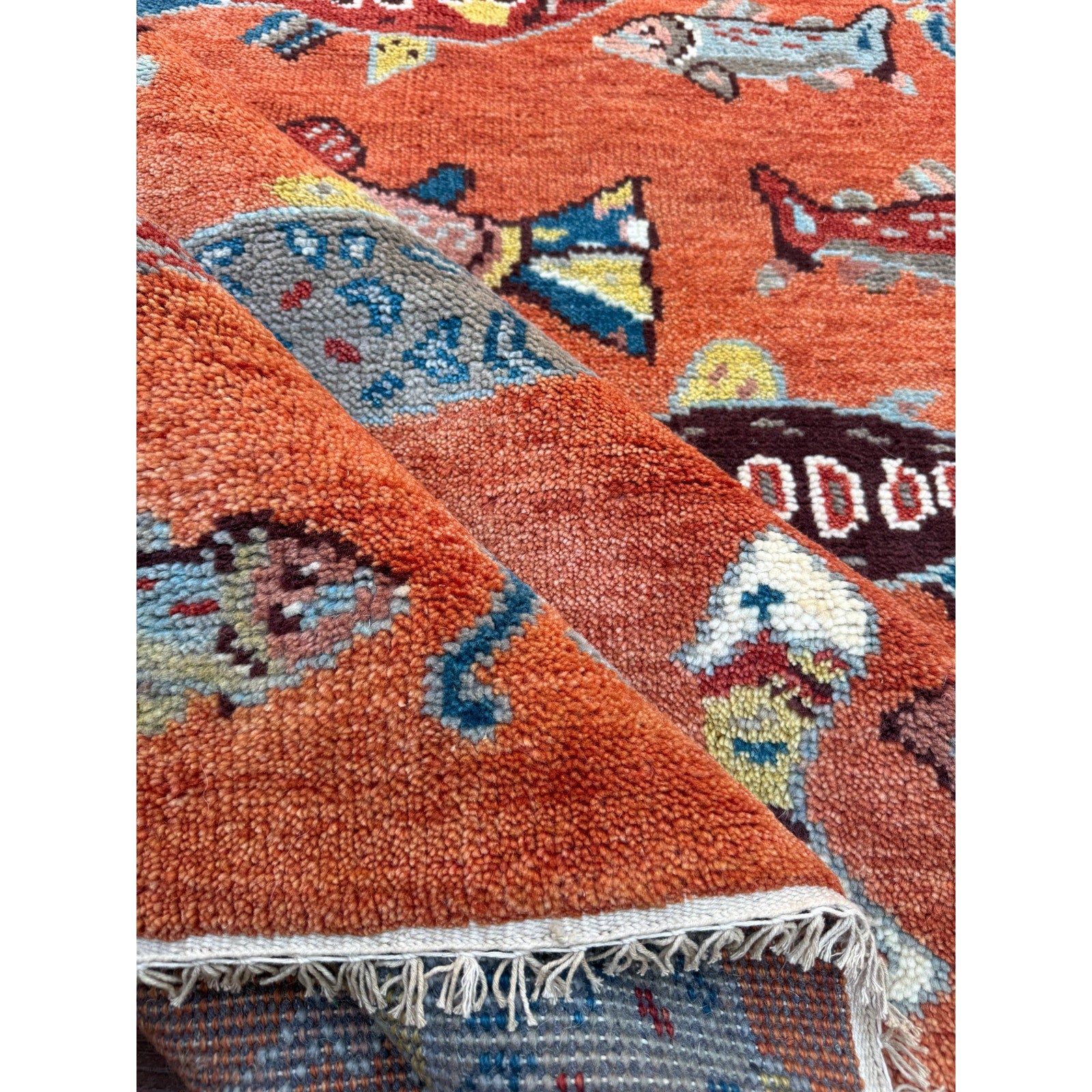 Turkish Oushak Rug 5×8, Hand-Knotted 100% Wool Fish Rug, Tree of Life Bohemian Area Rug, Terracotta Nursery Decor