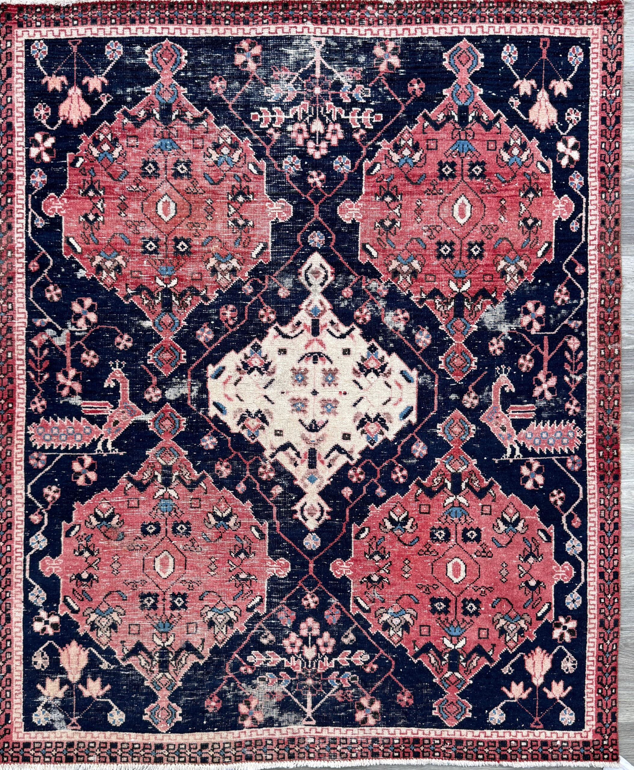 Vintage Turkish Anatolian Rug 4.1×5 ft Hand Knotted Wool Tribal Geometric Rug 1960s