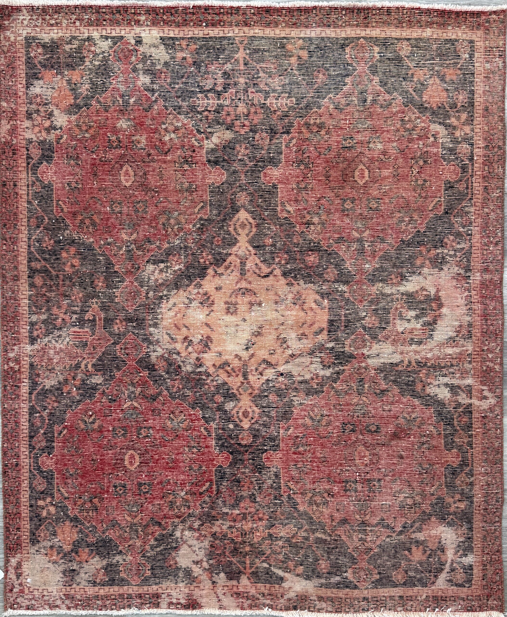 Vintage Turkish Anatolian Rug 4.1×5 ft Hand Knotted Wool Tribal Geometric Rug 1960s