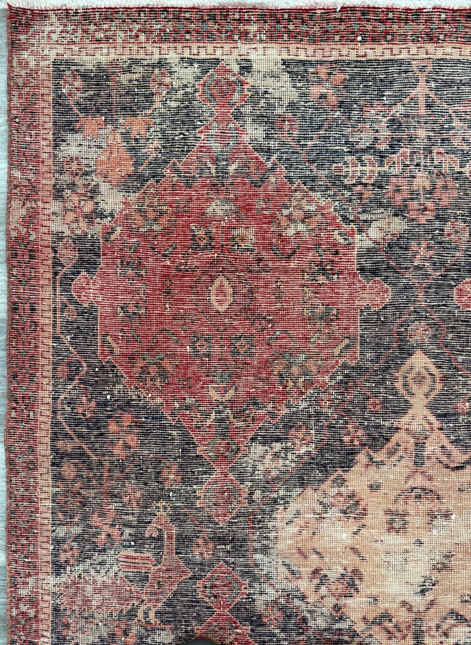 Vintage Turkish Anatolian Rug 4.1×5 ft Hand Knotted Wool Tribal Geometric Rug 1960s