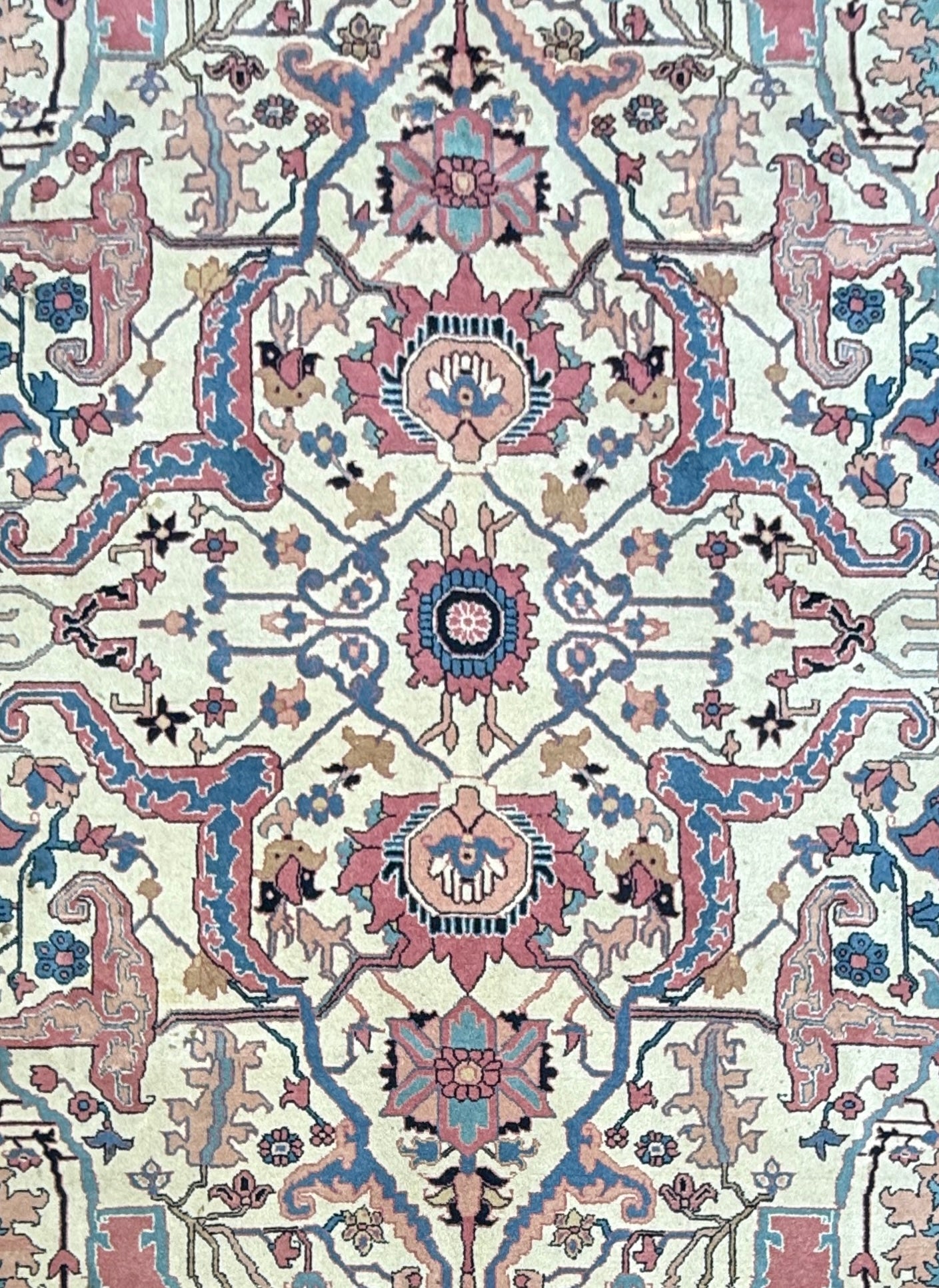 Large Vintage Heriz Style Rug 12.9×9.3 ft – Hand Knotted Wool Carpet – Persian Serapi Design – Blue Ivory Oriental Rug