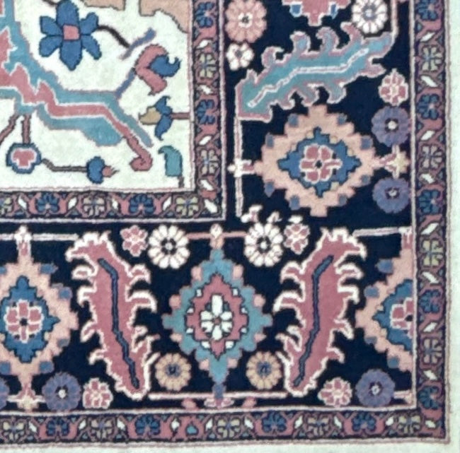 Large Vintage Heriz Style Rug 12.9×9.3 ft – Hand Knotted Wool Carpet – Persian Serapi Design – Blue Ivory Oriental Rug
