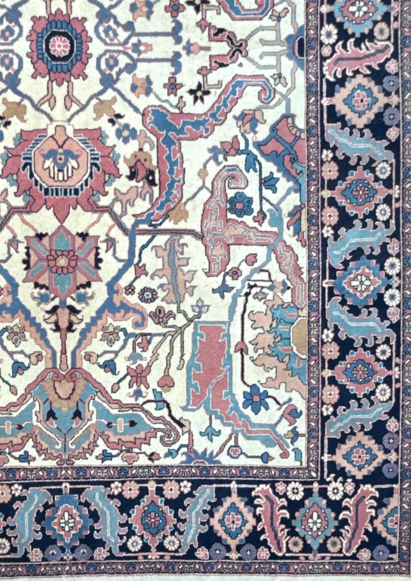 Large Vintage Heriz Style Rug 12.9×9.3 ft – Hand Knotted Wool Carpet – Persian Serapi Design – Blue Ivory Oriental Rug
