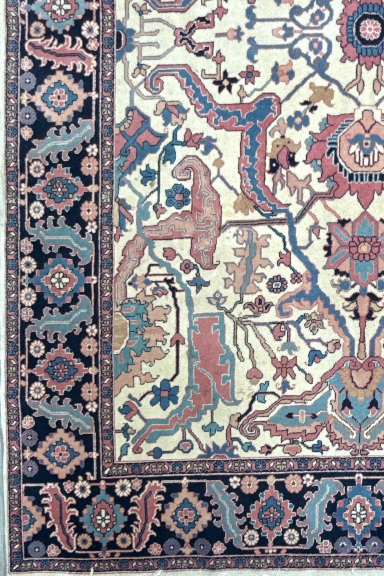 Large Vintage Heriz Style Rug 12.9×9.3 ft – Hand Knotted Wool Carpet – Persian Serapi Design – Blue Ivory Oriental Rug