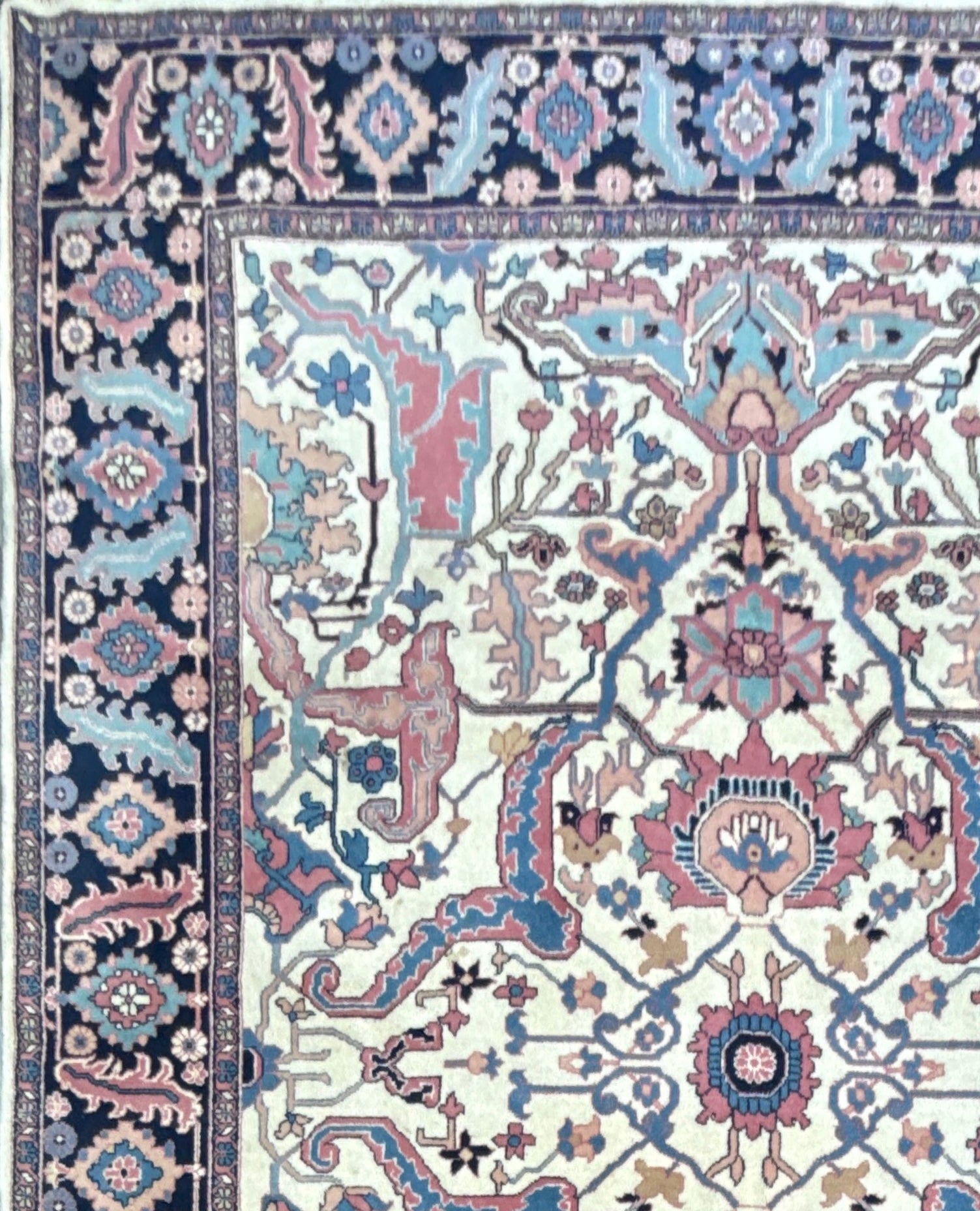 Large Vintage Heriz Style Rug 12.9×9.3 ft – Hand Knotted Wool Carpet – Persian Serapi Design – Blue Ivory Oriental Rug