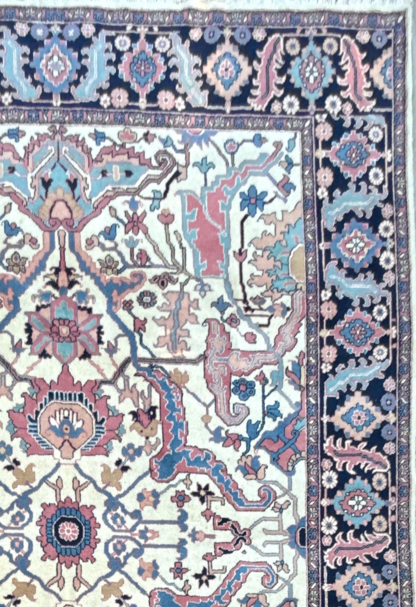 Large Vintage Heriz Style Rug 12.9×9.3 ft – Hand Knotted Wool Carpet – Persian Serapi Design – Blue Ivory Oriental Rug