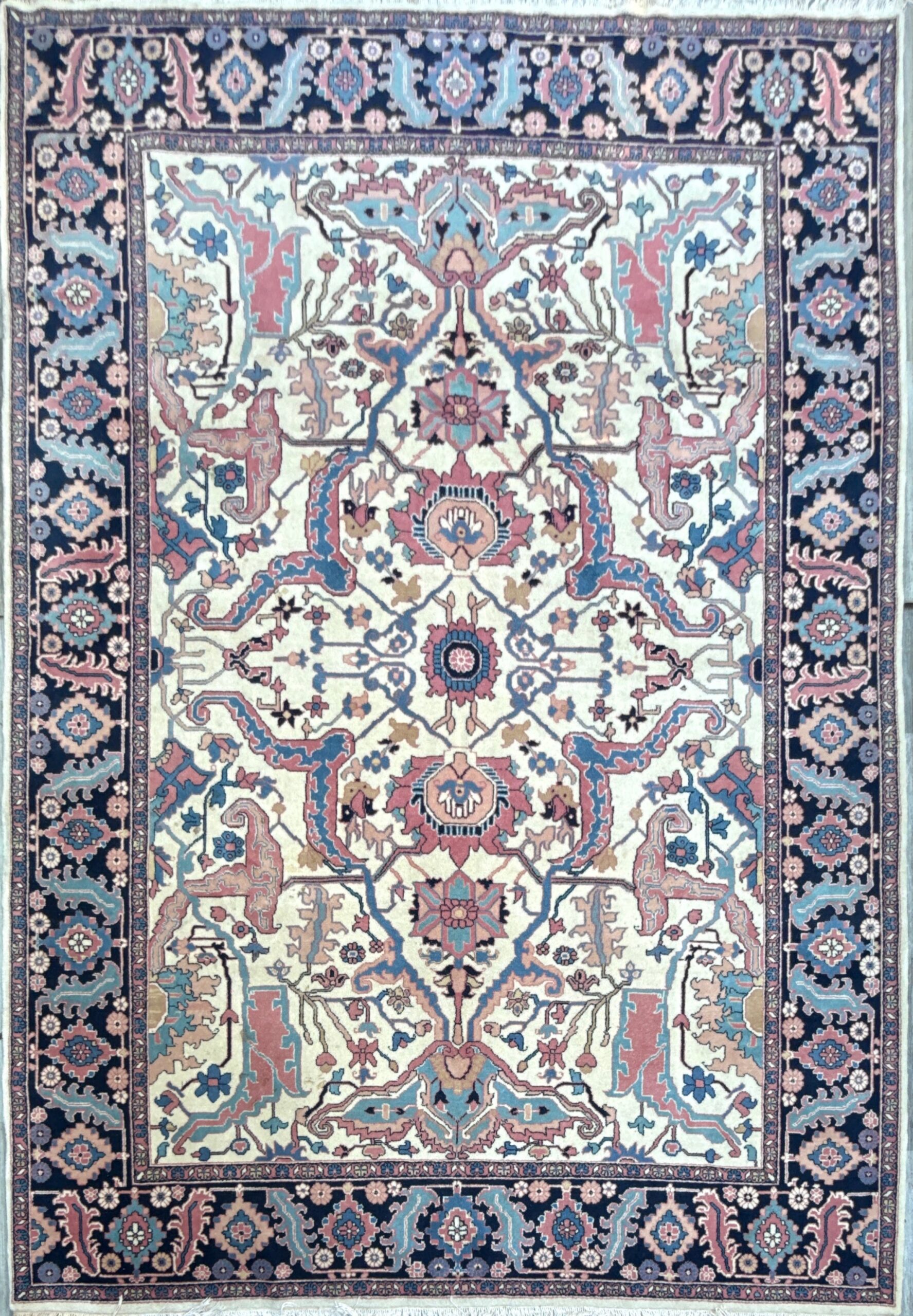 Large Vintage Heriz Style Rug 12.9×9.3 ft – Hand Knotted Wool Carpet – Persian Serapi Design – Blue Ivory Oriental Rug