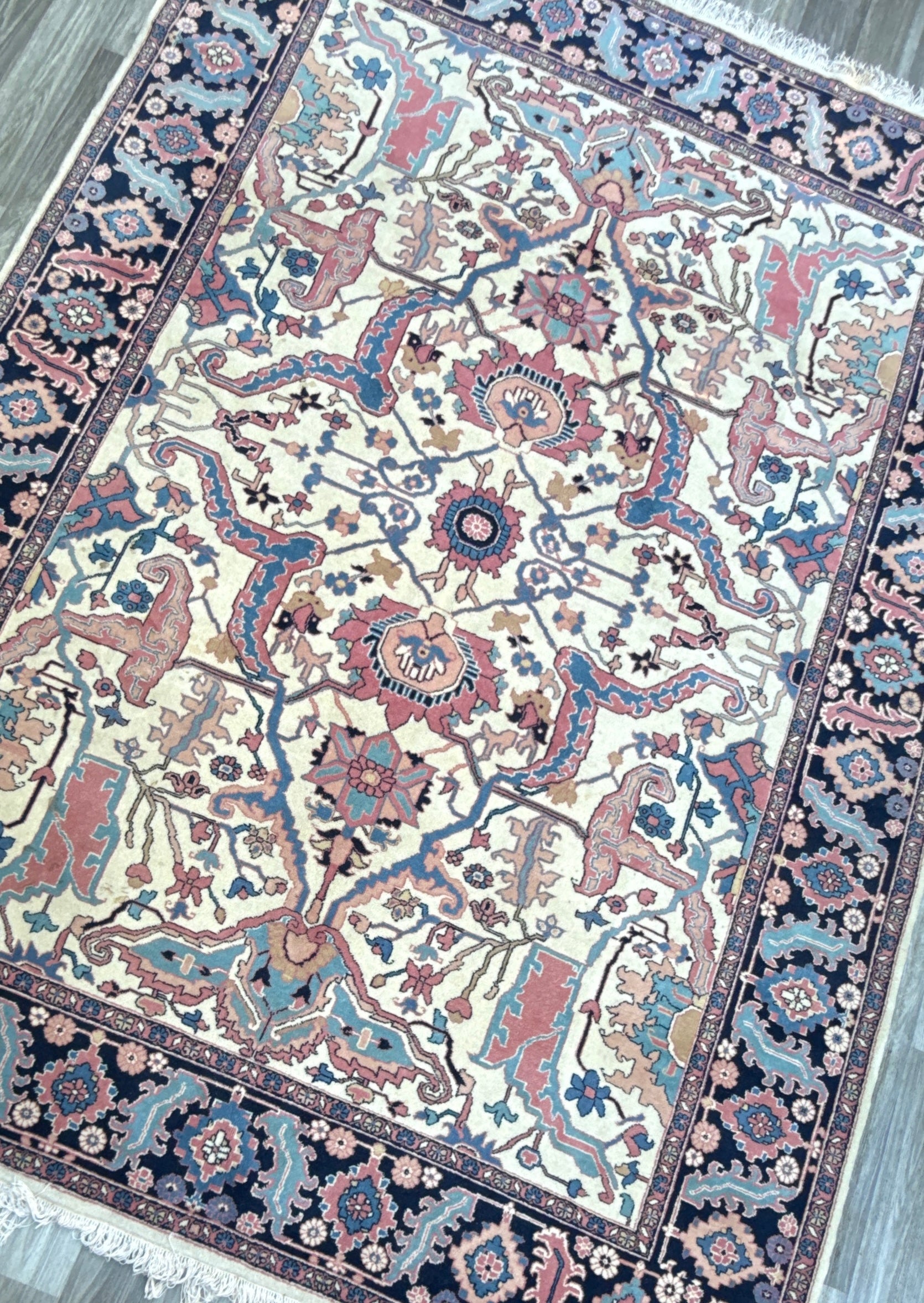 Large Vintage Heriz Style Rug 12.9×9.3 ft – Hand Knotted Wool Carpet – Persian Serapi Design – Blue Ivory Oriental Rug