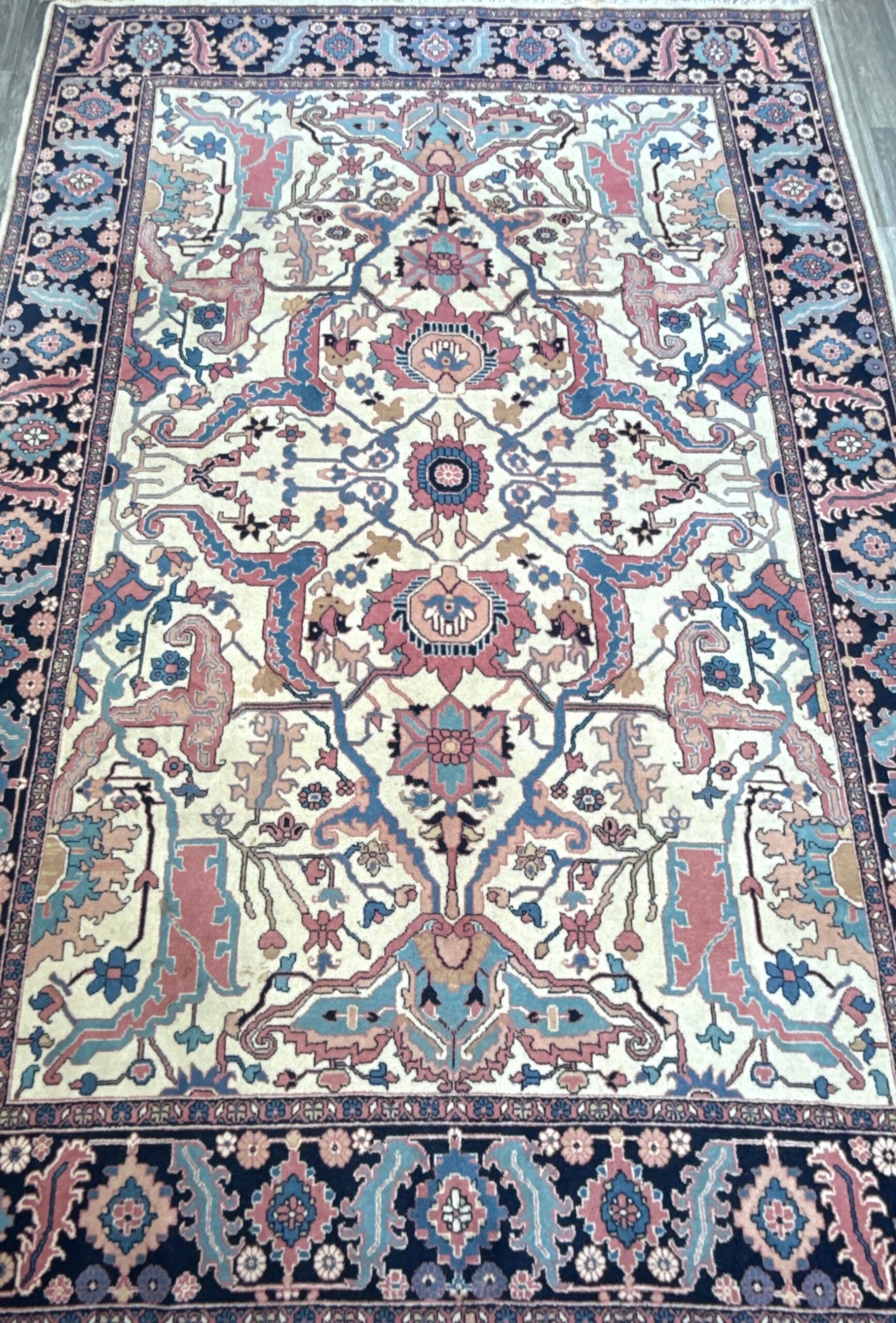 Large Vintage Heriz Style Rug 12.9×9.3 ft – Hand Knotted Wool Carpet – Persian Serapi Design – Blue Ivory Oriental Rug