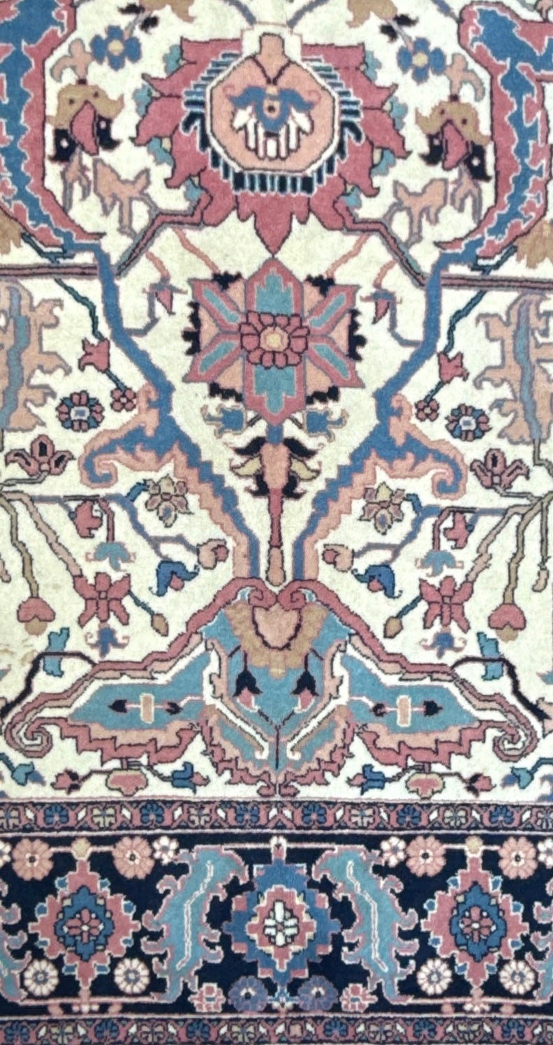 Large Vintage Heriz Style Rug 12.9×9.3 ft – Hand Knotted Wool Carpet – Persian Serapi Design – Blue Ivory Oriental Rug