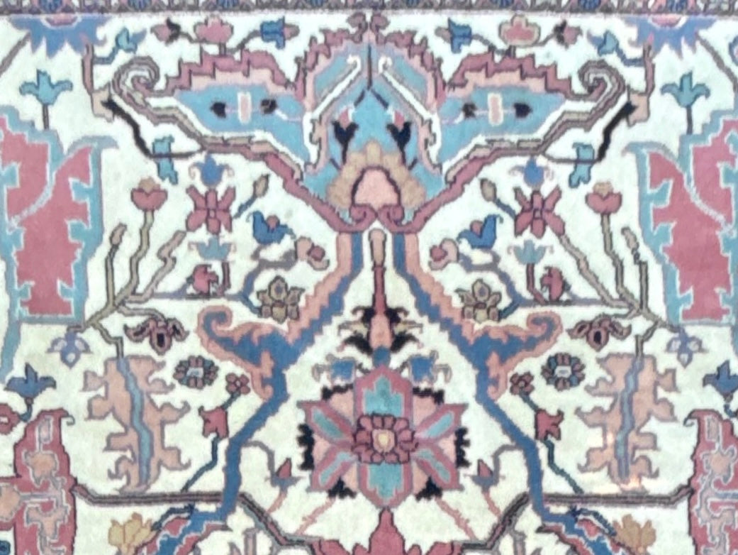 Large Vintage Heriz Style Rug 12.9×9.3 ft – Hand Knotted Wool Carpet – Persian Serapi Design – Blue Ivory Oriental Rug