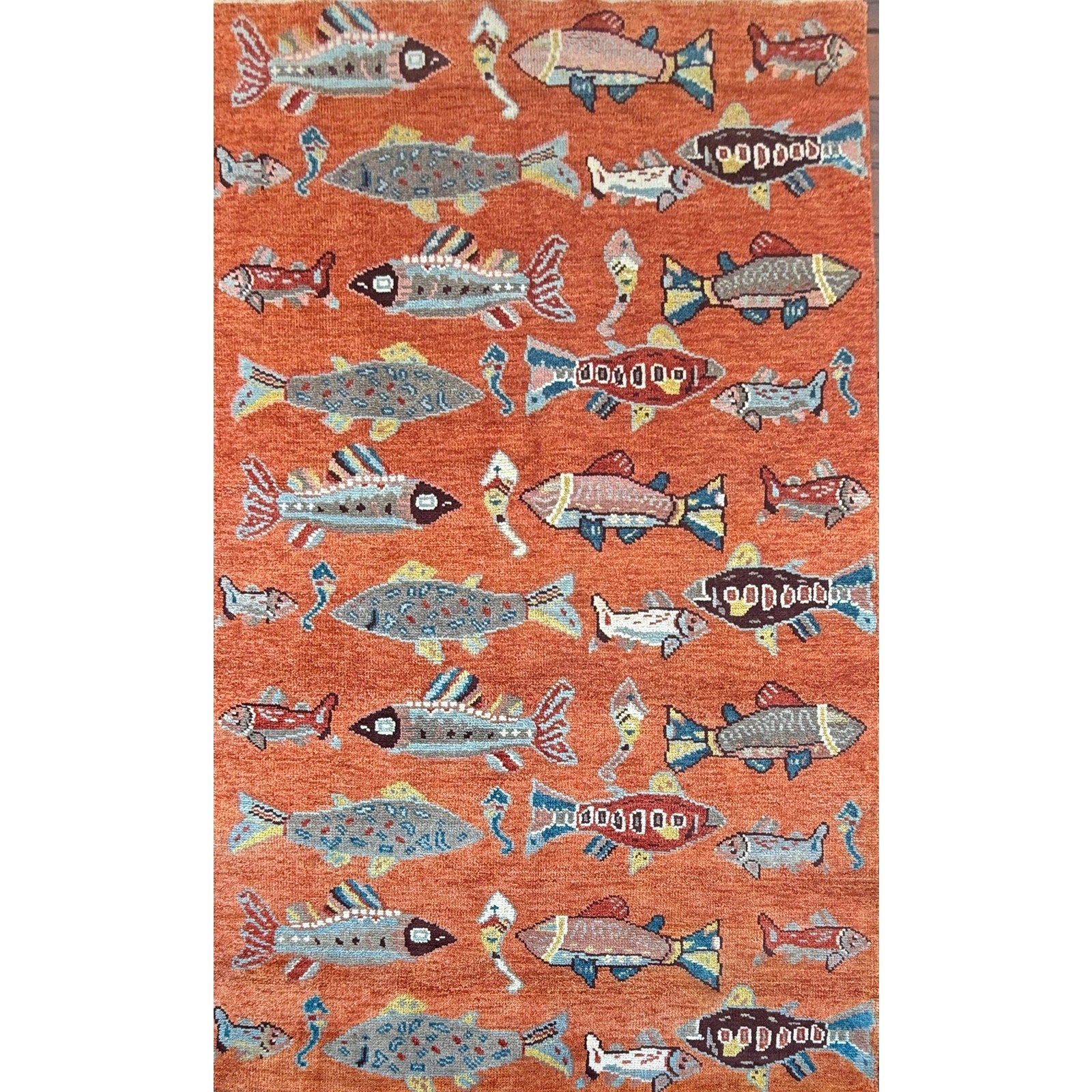 Turkish Oushak Rug 5×8, Hand-Knotted 100% Wool Fish Rug, Tree of Life Bohemian Area Rug, Terracotta Nursery Decor