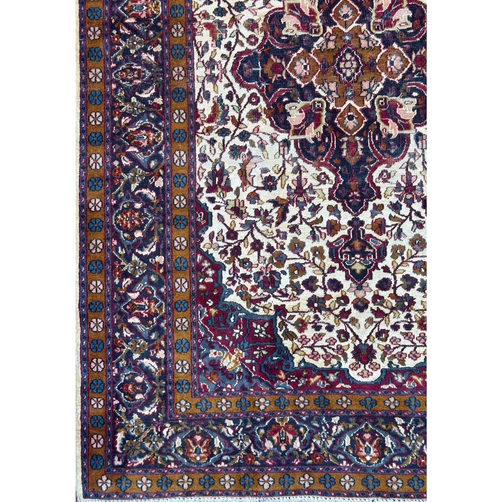 Vintage Turkish Wool Rug 3’2″ x 5′, Hand-Knotted Floral Medallion Carpet, Ivory Navy Burgundy