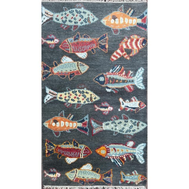 Modern Turkish Fish Design Rug 3×5.1, Hand Knotted Wool Sea Animal Pattern, Bohemian Accent