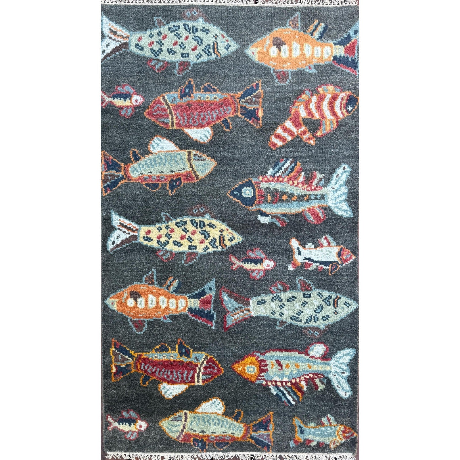 Modern Turkish Fish Design Rug 3×5.1, Hand Knotted Wool Sea Animal Pattern, Bohemian Accent