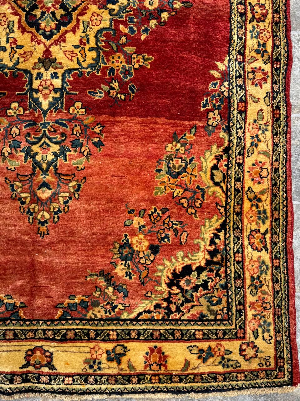 4.5×7 ft Vintage 1950s Kashan Floral Rug: Hand-Knotted Wool Carpet, Red & Gold Medallion Floral Design, Oriental Accent