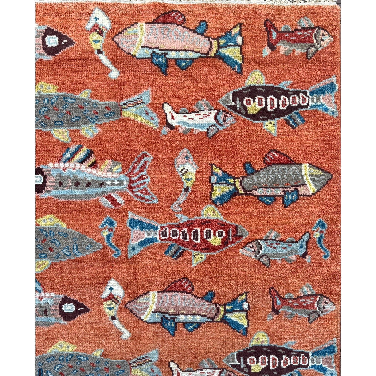 Turkish Oushak Rug 5×8, Hand-Knotted 100% Wool Fish Rug, Tree of Life Bohemian Area Rug, Terracotta Nursery Decor
